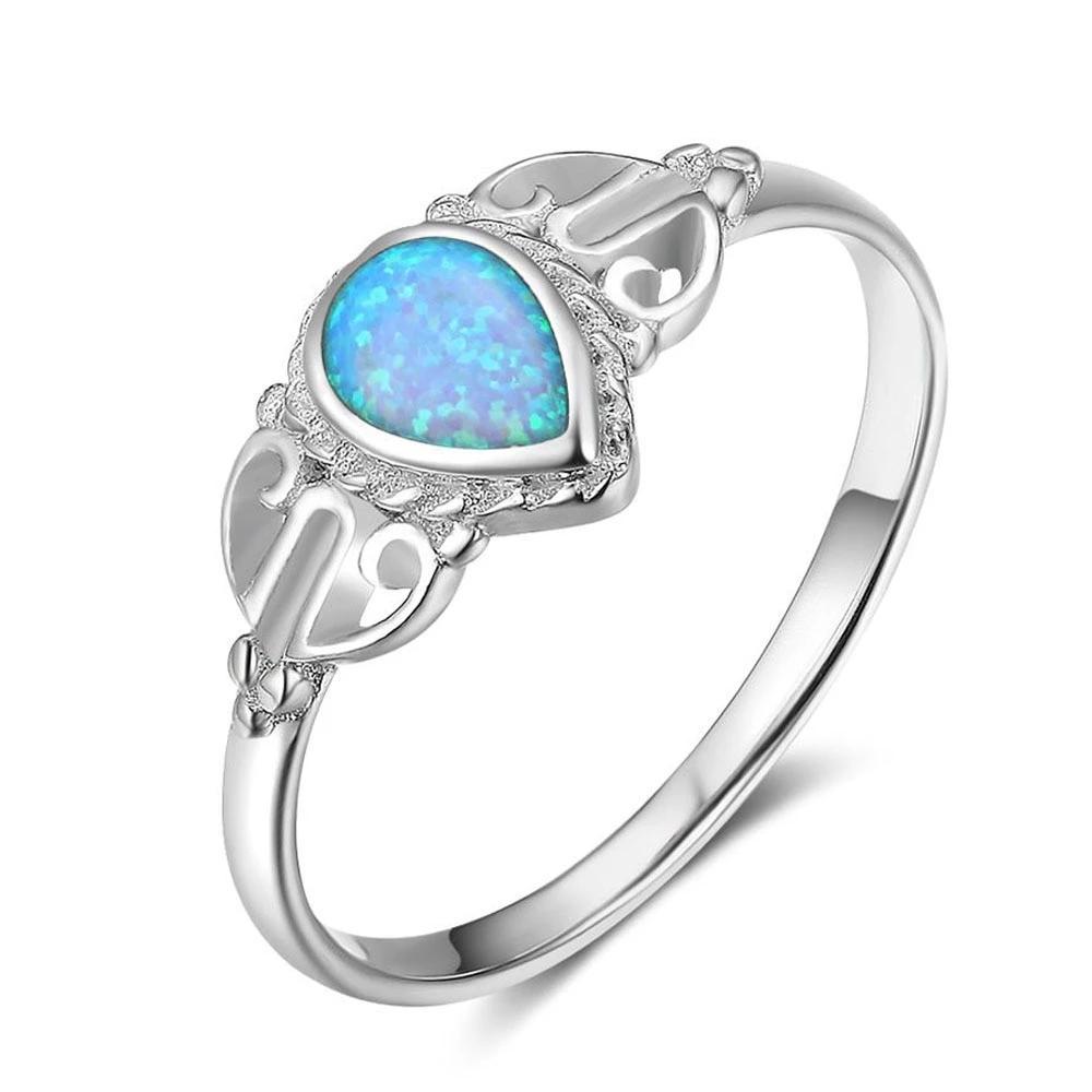 925 Sterling Silver Elegant Rings for Women – Water Drop Shape Blue Opal Stone – Fashion Jewelry Birthday Gift for Mother -Customized Jewel