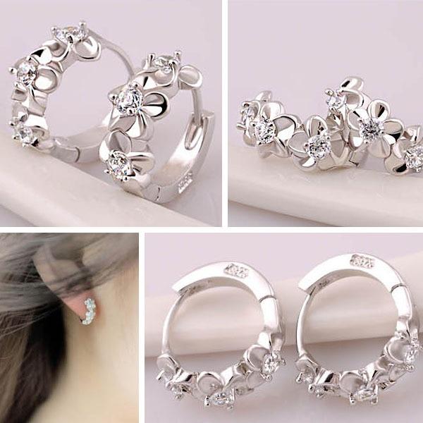 Elegant Flower Cubic Zirconia Hoop Earring, Rhodium Plated Vivid Ear Stud for Women, Ideal Gift for Her-Customized Jewel