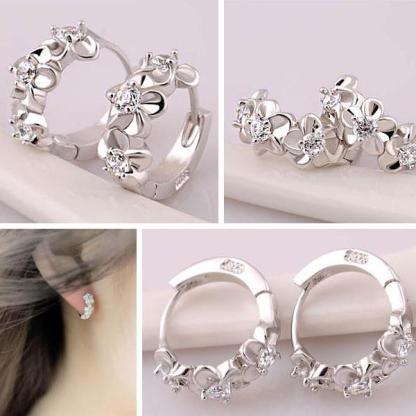 Elegant Flower Cubic Zirconia Hoop Earring, Rhodium Plated Vivid Ear Stud for Women, Ideal Gift for Her-Customized Jewel