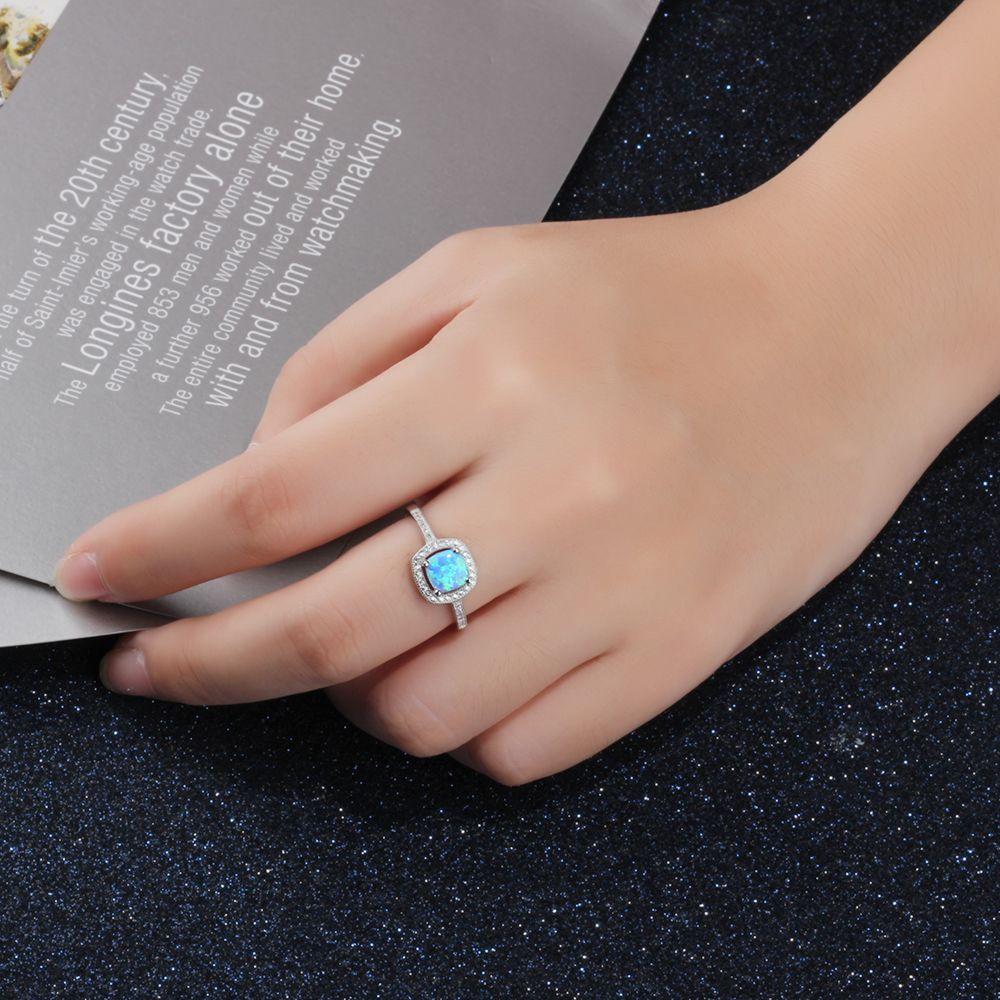 Women 100% 925 Sterling Silver Ring With Square Blue Opal Stone Ocean Style Elegant Gifts For Mommy-Customized Jewel