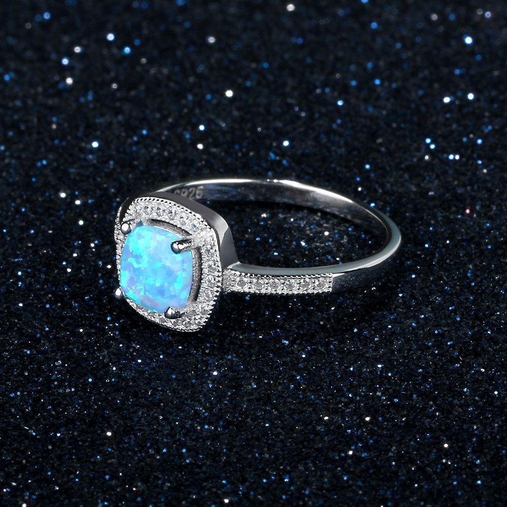 Women 100% 925 Sterling Silver Ring With Square Blue Opal Stone Ocean Style Elegant Gifts For Mommy-Customized Jewel