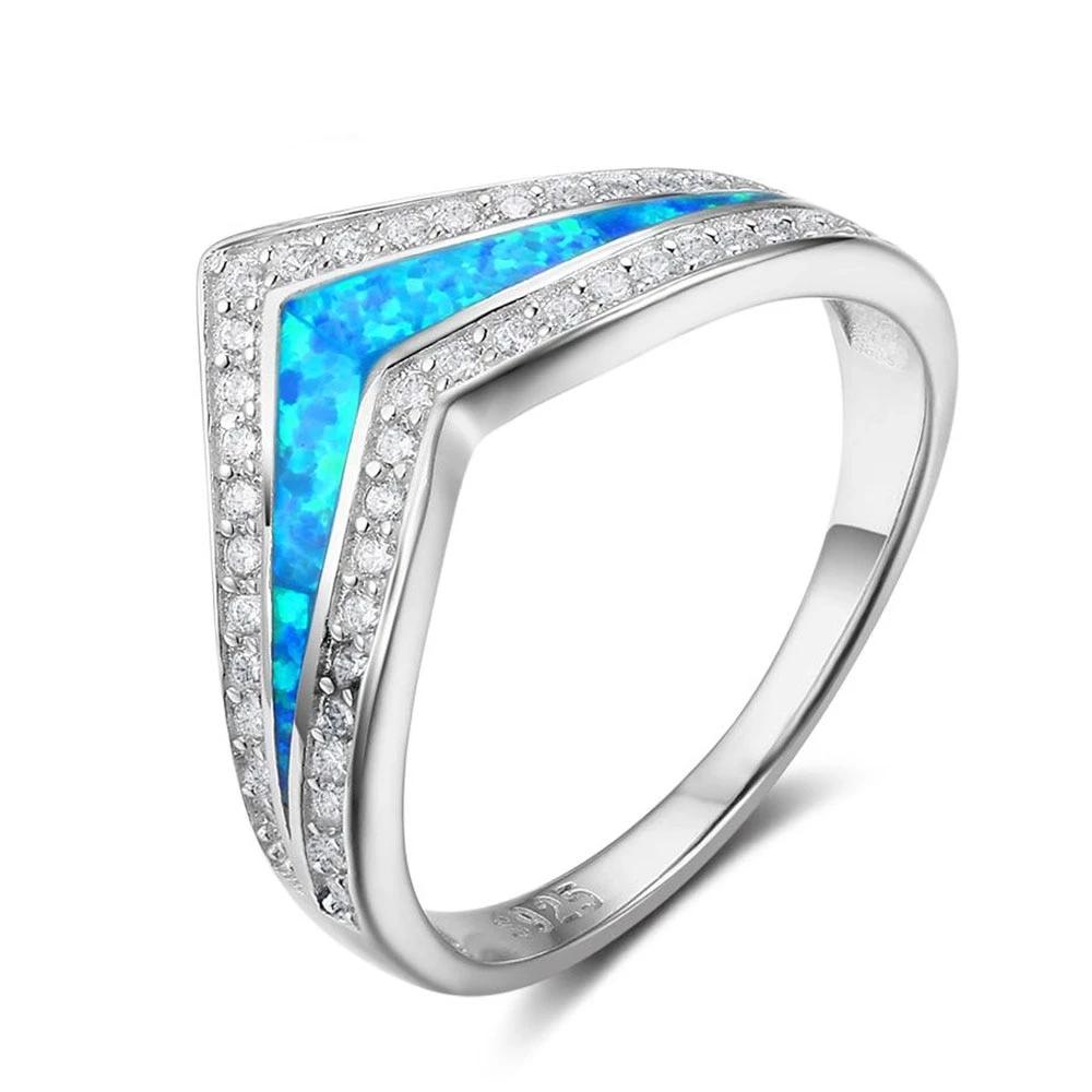 Trendy 925 Sterling Silver Blue Opal Stone & Cubic Zirconia Wedding Engagement Ring Gift Ideas For Women-Customized Jewel