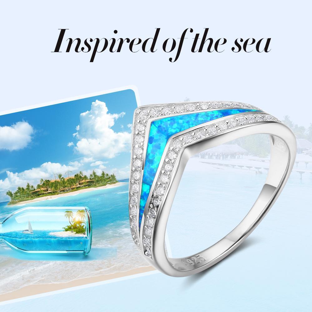 Trendy 925 Sterling Silver Blue Opal Stone & Cubic Zirconia Wedding Engagement Ring Gift Ideas For Women-Customized Jewel