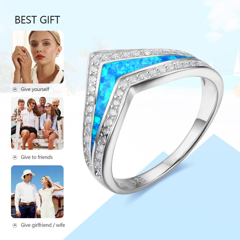 Trendy 925 Sterling Silver Blue Opal Stone & Cubic Zirconia Wedding Engagement Ring Gift Ideas For Women-Customized Jewel