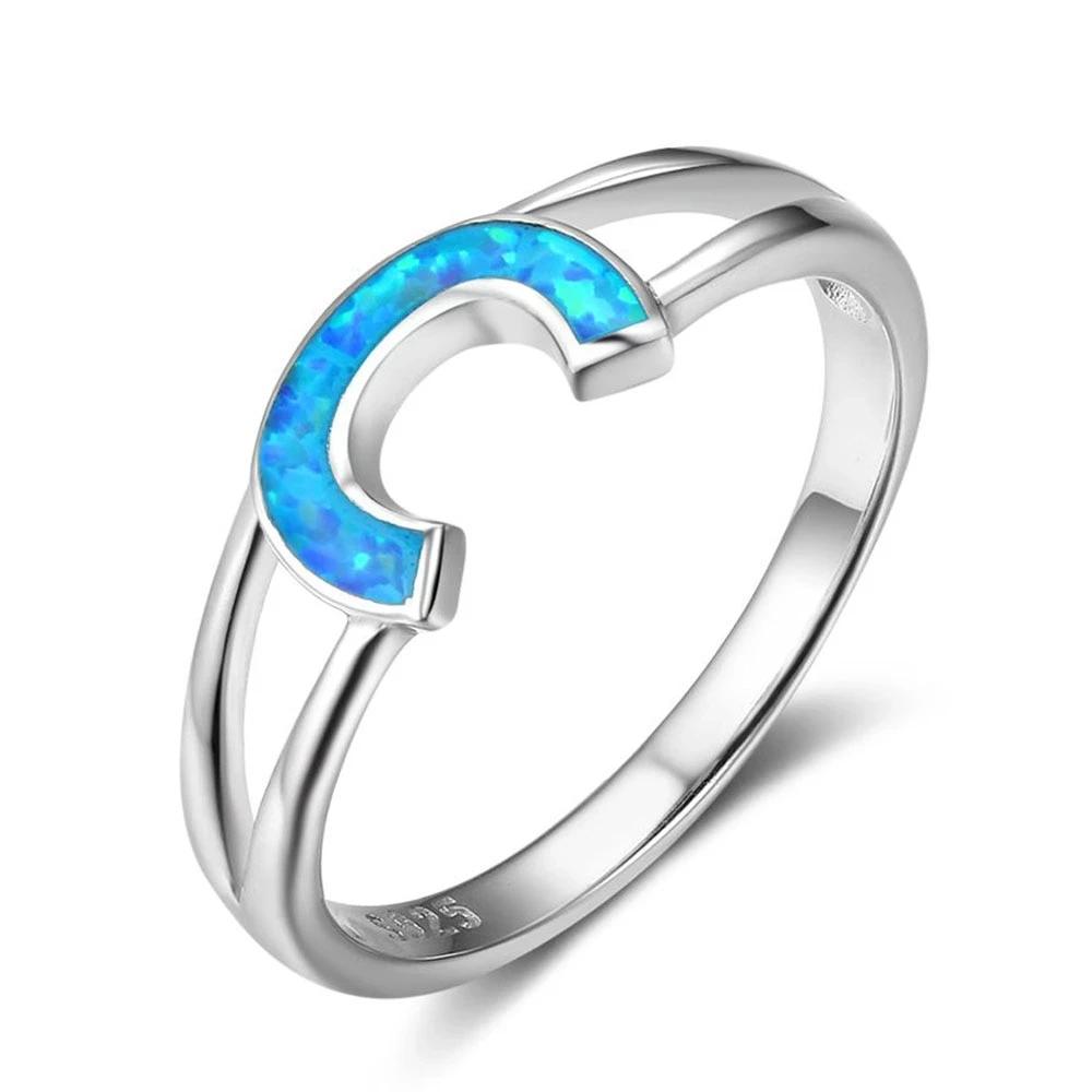 Authentic 925 Sterling Silver Rings with Blue Opal Stone Letter C Design – Trendy Jewelry Gift for Women-Customized Jewel