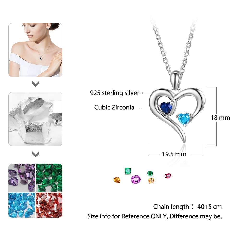 Sterling Silver 2 Birthstone Necklace Pendants Engraved Heart BirthStones Gift-Customized Jewel
