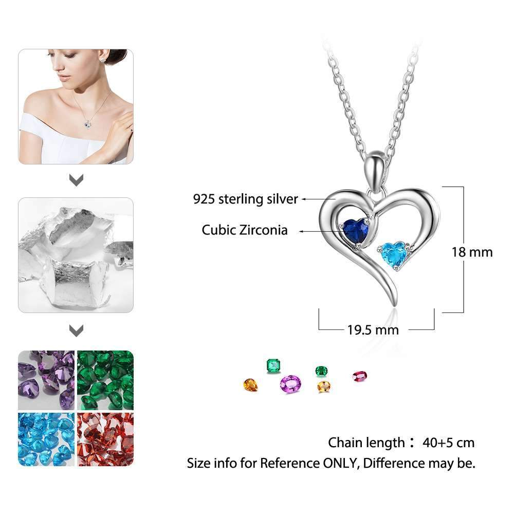 Sterling Silver 2 Birthstone Necklace Pendants Engraved Heart BirthStones Gift-Customized Jewel