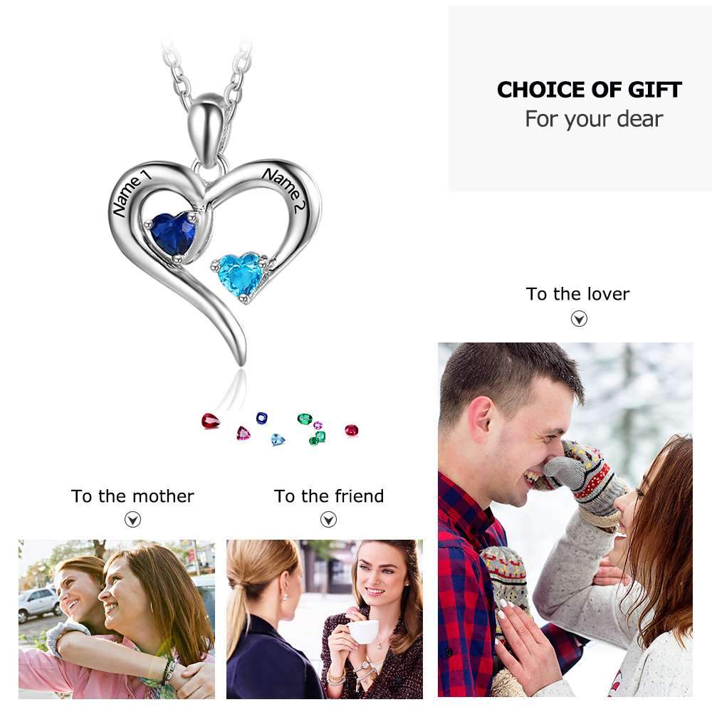 Sterling Silver 2 Birthstone Necklace Pendants Engraved Heart BirthStones Gift-Customized Jewel