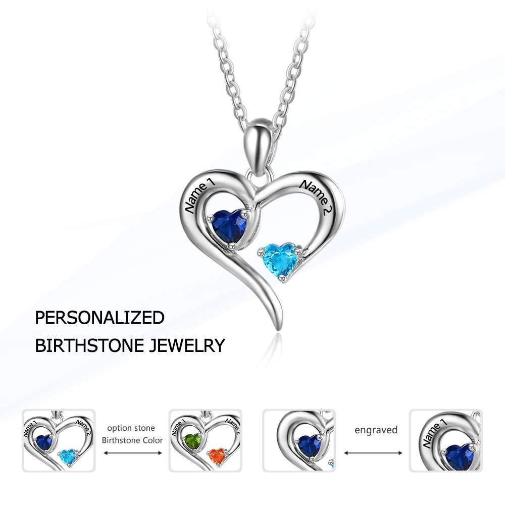 Sterling Silver 2 Birthstone Necklace Pendants Engraved Heart BirthStones Gift-Customized Jewel