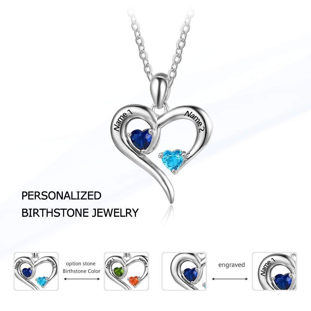 Sterling Silver 2 Birthstone Necklace Pendants Engraved Heart BirthStones Gift-Customized Jewel