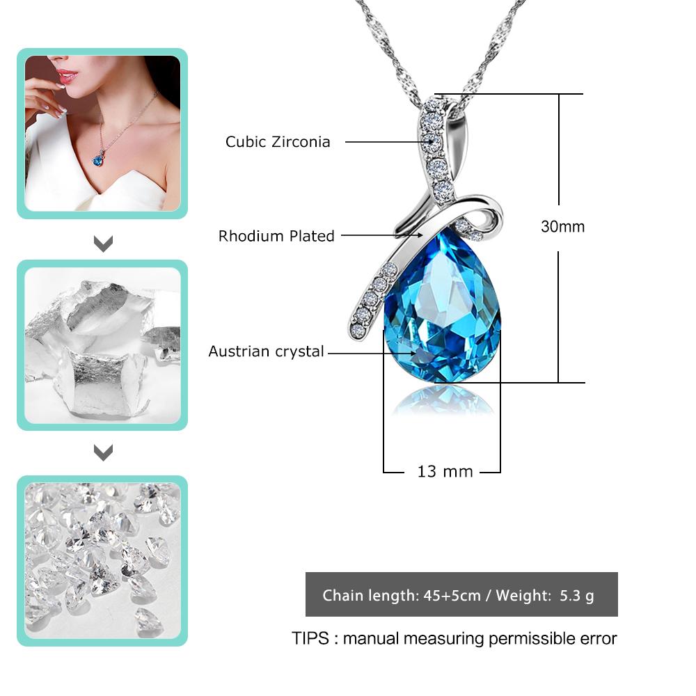 Rhodium Plated Fashion Necklace with Blue Crystal Water Drop Pendant, Gift Ideas for Women-Customized Jewel