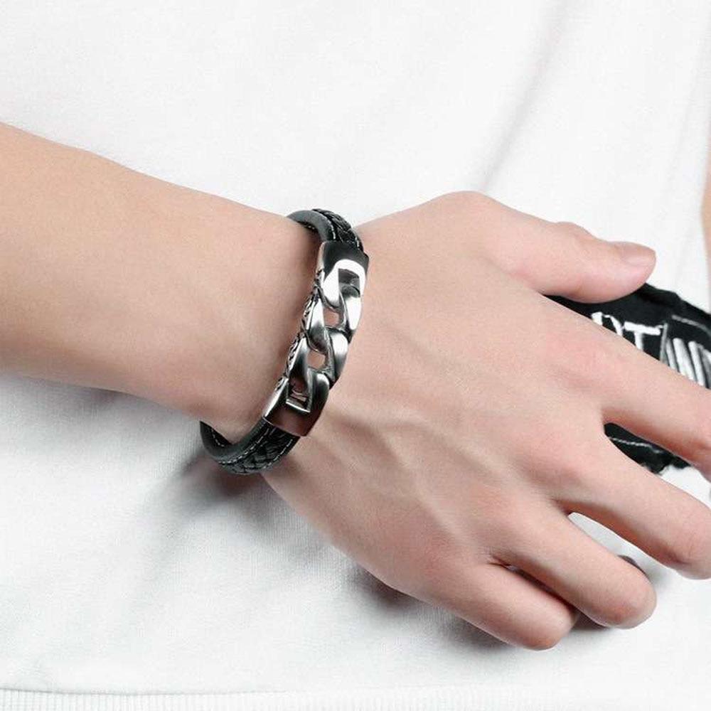 Stainless Steel Leather Bracelet, Weave Shape Bracelets, Fashion Jewelry for Men-Customized Jewel