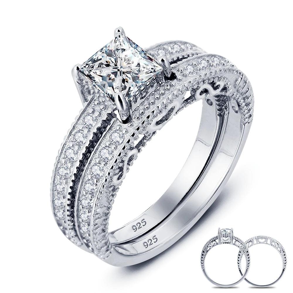 925 Sterling Silver 6mm Square Cubic Zirconia Stone Ring Sets, Fashion Jewelry Gift for Women-Customized Jewel