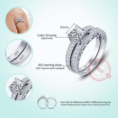 925 Sterling Silver 6mm Square Cubic Zirconia Stone Ring Sets, Fashion Jewelry Gift for Women-Customized Jewel