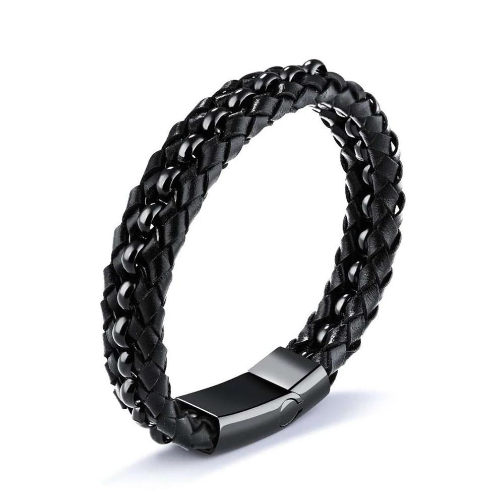 200mm Length Black Stainless Steel and Leather Bracelet for Men, Fashion Jewelry Gift-Customized Jewel