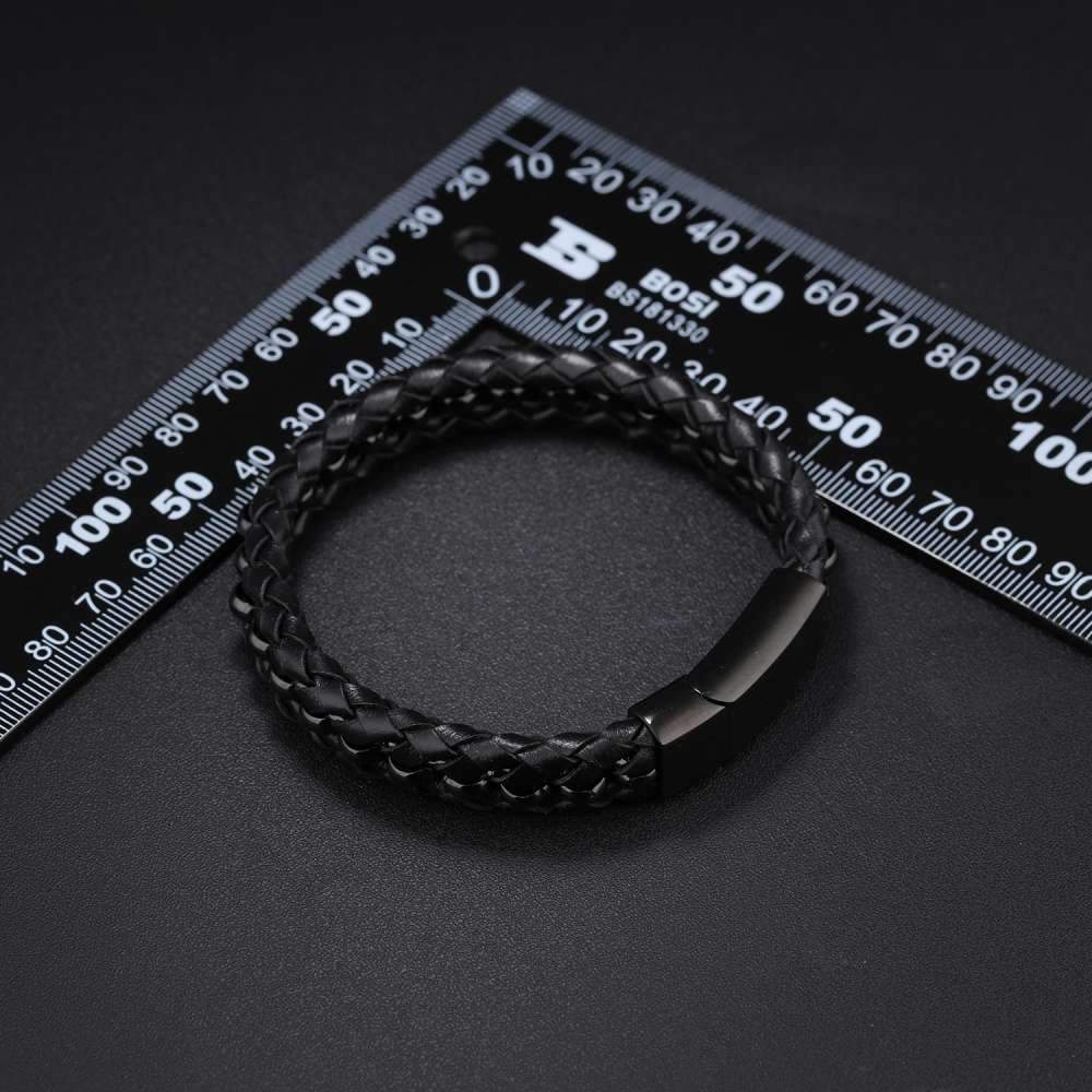 200mm Length Black Stainless Steel and Leather Bracelet for Men, Fashion Jewelry Gift-Customized Jewel