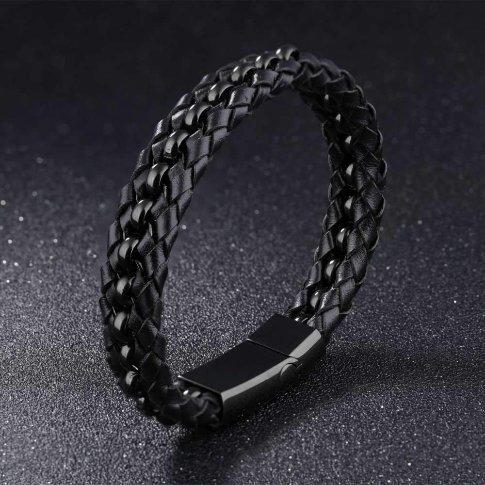 200mm Length Black Stainless Steel and Leather Bracelet for Men, Fashion Jewelry Gift-Customized Jewel