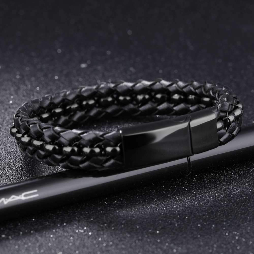200mm Length Black Stainless Steel and Leather Bracelet for Men, Fashion Jewelry Gift-Customized Jewel