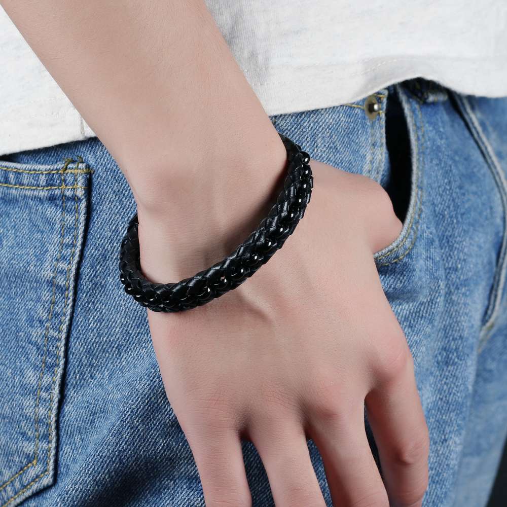 200mm Length Black Stainless Steel and Leather Bracelet for Men, Fashion Jewelry Gift-Customized Jewel