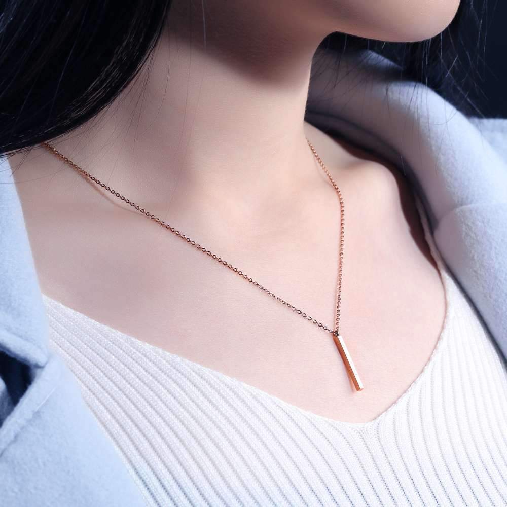 Personalized Rose Gold Color Stainless Steel Necklace with Vertical Bar Engrave Name Pendant, Trendy Jewelry Gift for Women-Customized Jewel