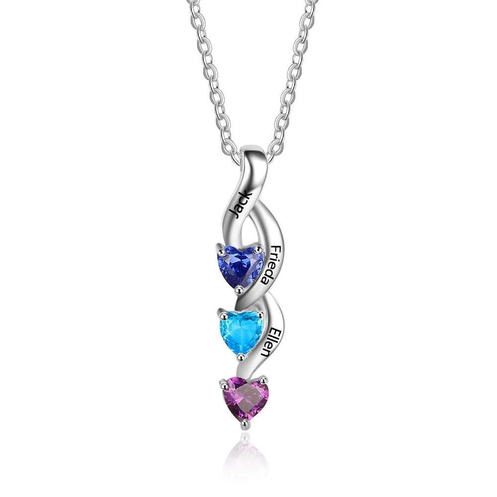 Gift For Family 3 Heart Personalized 12 Birthstone Engrave Name Pendant Necklace 925 Sterling Silver Jewelry-Customized Jewel