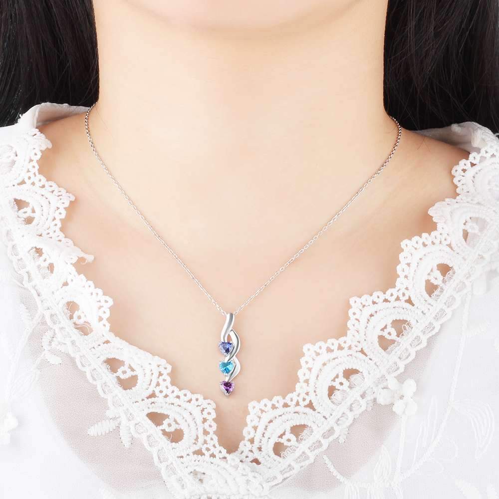 Gift For Family 3 Heart Personalized 12 Birthstone Engrave Name Pendant Necklace 925 Sterling Silver Jewelry-Customized Jewel