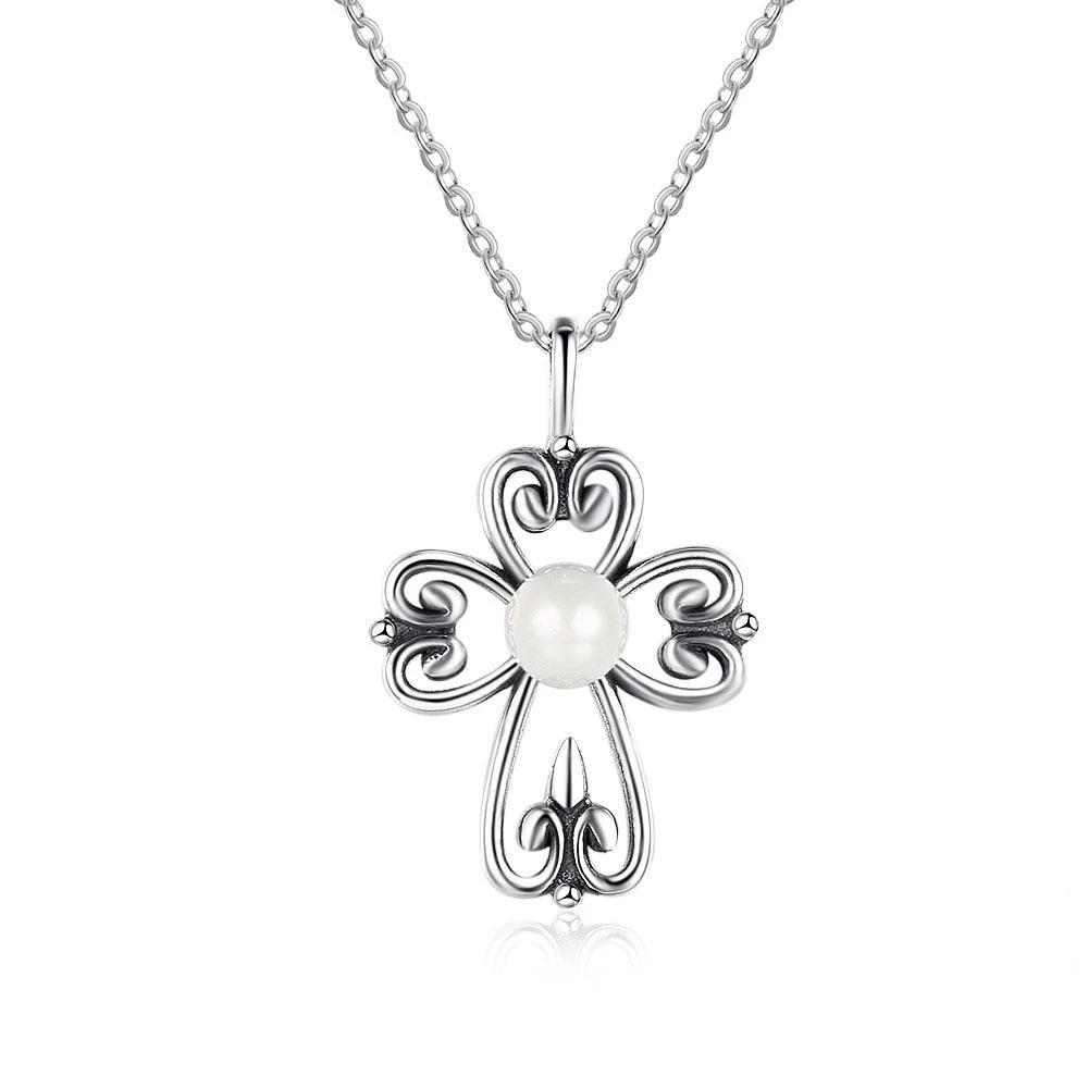 Fashion 925 Sterling Silver Necklace with Simulated Pearl Cross Pendant, Vintage Jewelry for Women-Customized Jewel