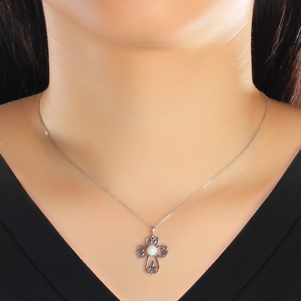 Fashion 925 Sterling Silver Necklace with Simulated Pearl Cross Pendant, Vintage Jewelry for Women-Customized Jewel