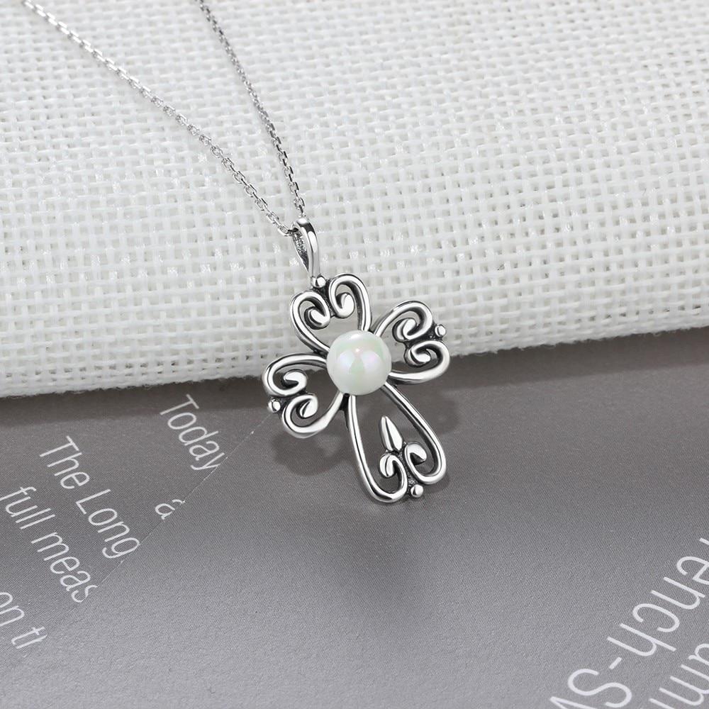 Fashion 925 Sterling Silver Necklace with Simulated Pearl Cross Pendant, Vintage Jewelry for Women-Customized Jewel