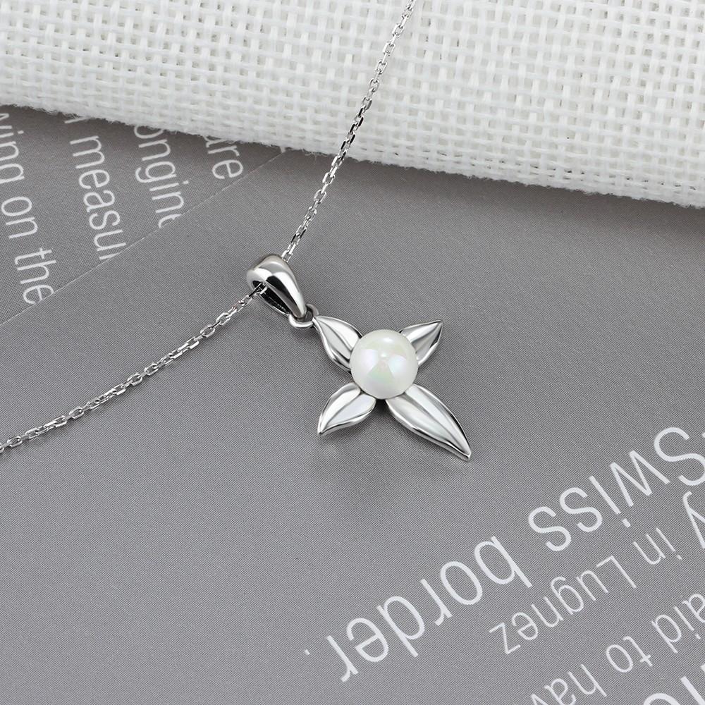 Cross Patterned Silver Pearl Pendant Necklace-Customized Jewel