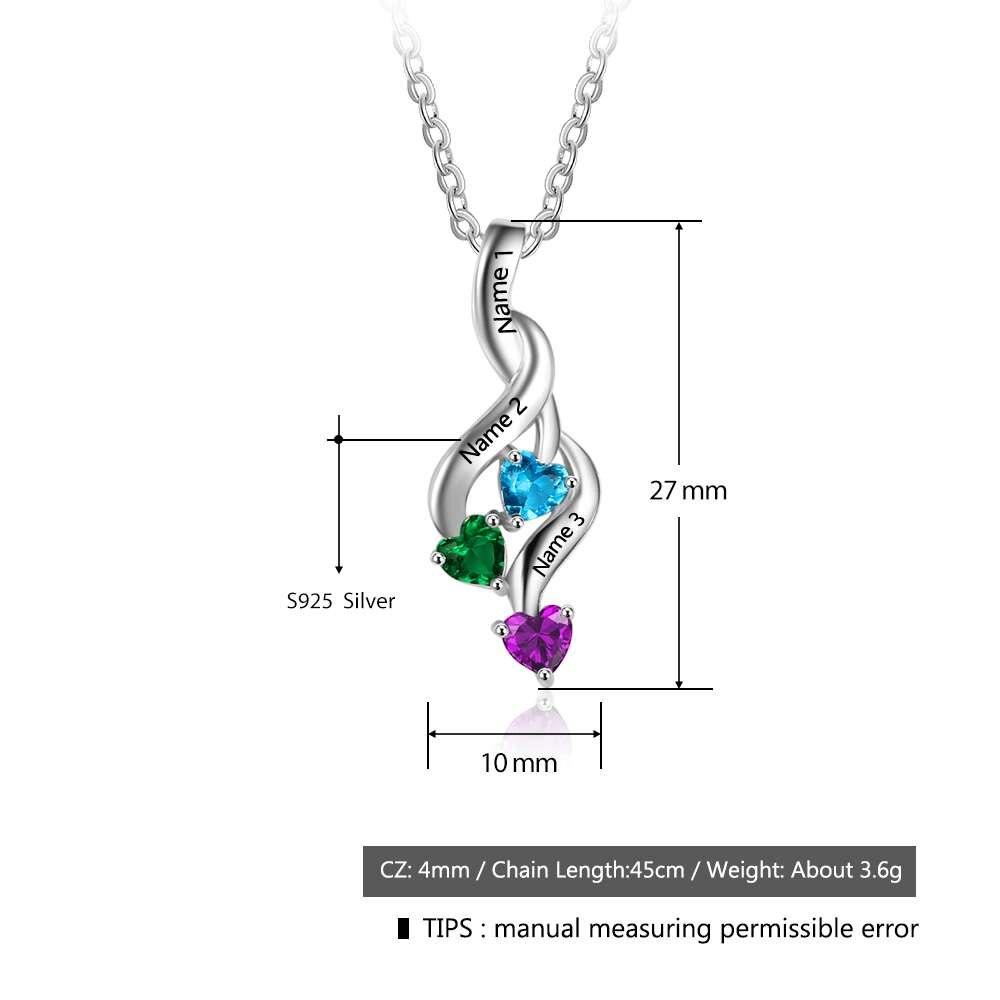 Personalized 3 Heart Birthstone Engrave Name Pendant Necklace-Customized Jewel