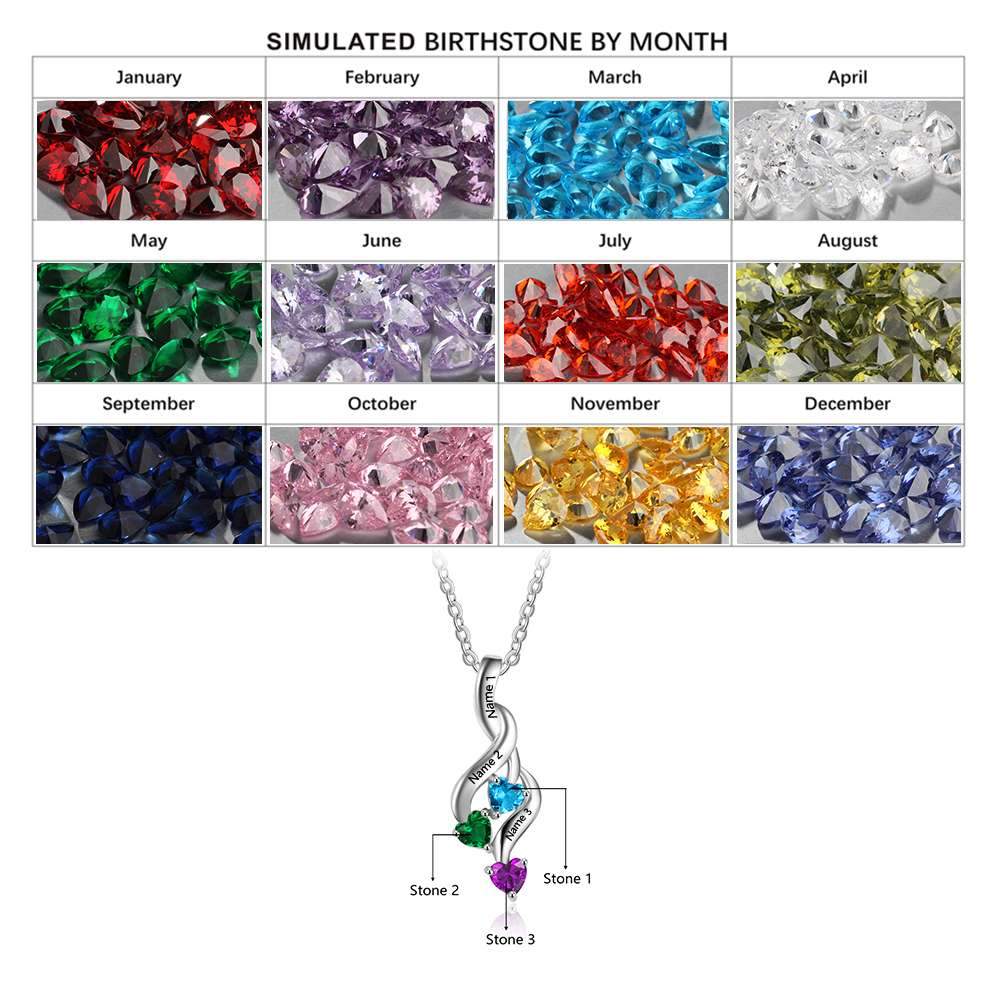 Personalized 3 Heart Birthstone Engrave Name Pendant Necklace-Customized Jewel