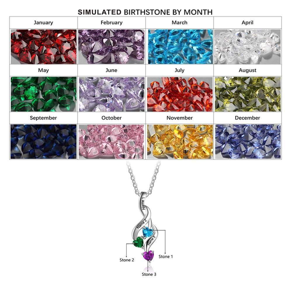 Personalized 3 Heart Birthstone Engrave Name Pendant Necklace-Customized Jewel