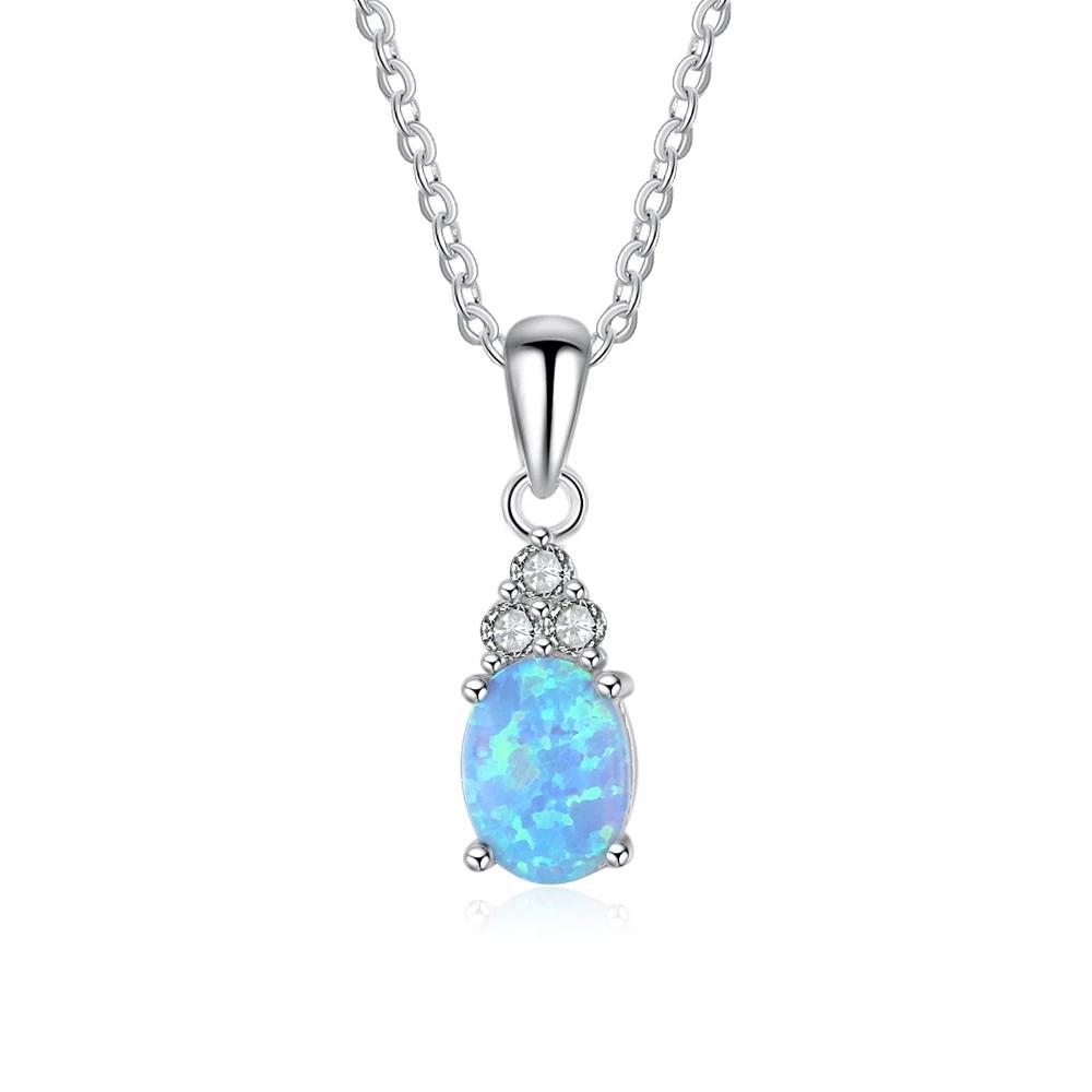 925 Sterling Silver Jewelry Necklace with Oval Blue Opal Stone Pendant, Best Gift for Her-Customized Jewel