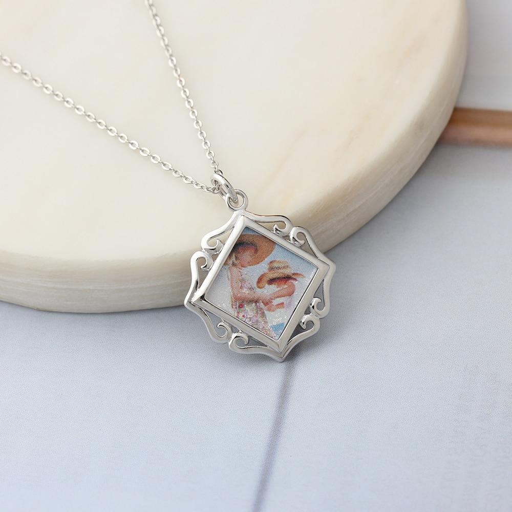 Openwork Pattern Border Personalized Custom Color Photo Necklace 925 Sterling Silver Anniversary Jewelry-Customized Jewel