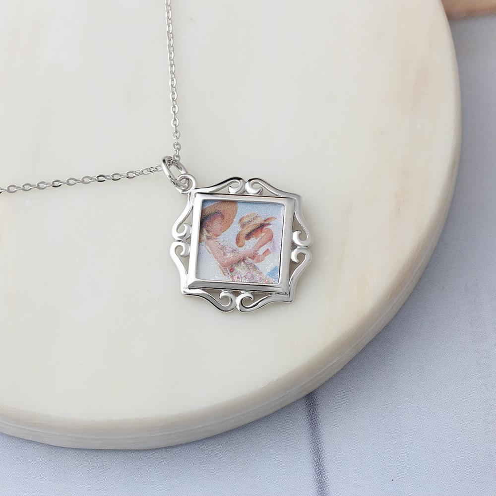 Openwork Pattern Border Personalized Custom Color Photo Necklace 925 Sterling Silver Anniversary Jewelry-Customized Jewel