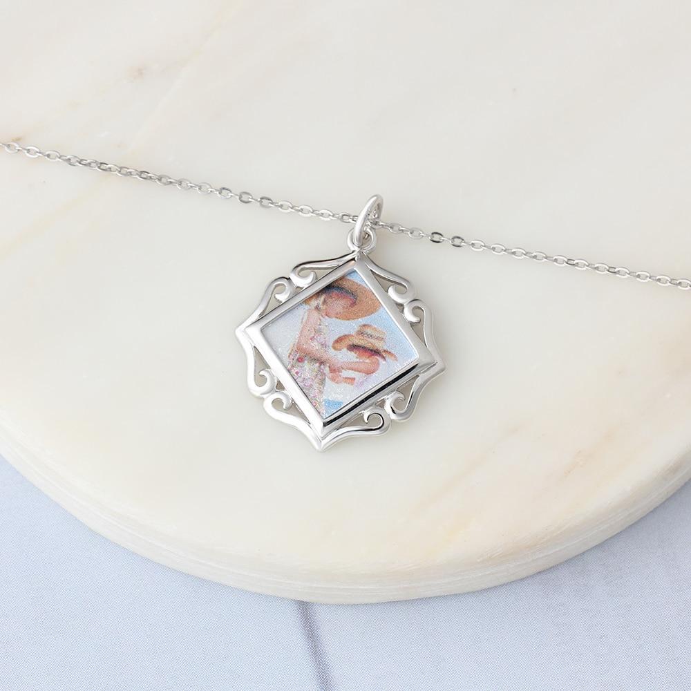 Openwork Pattern Border Personalized Custom Color Photo Necklace 925 Sterling Silver Anniversary Jewelry-Customized Jewel