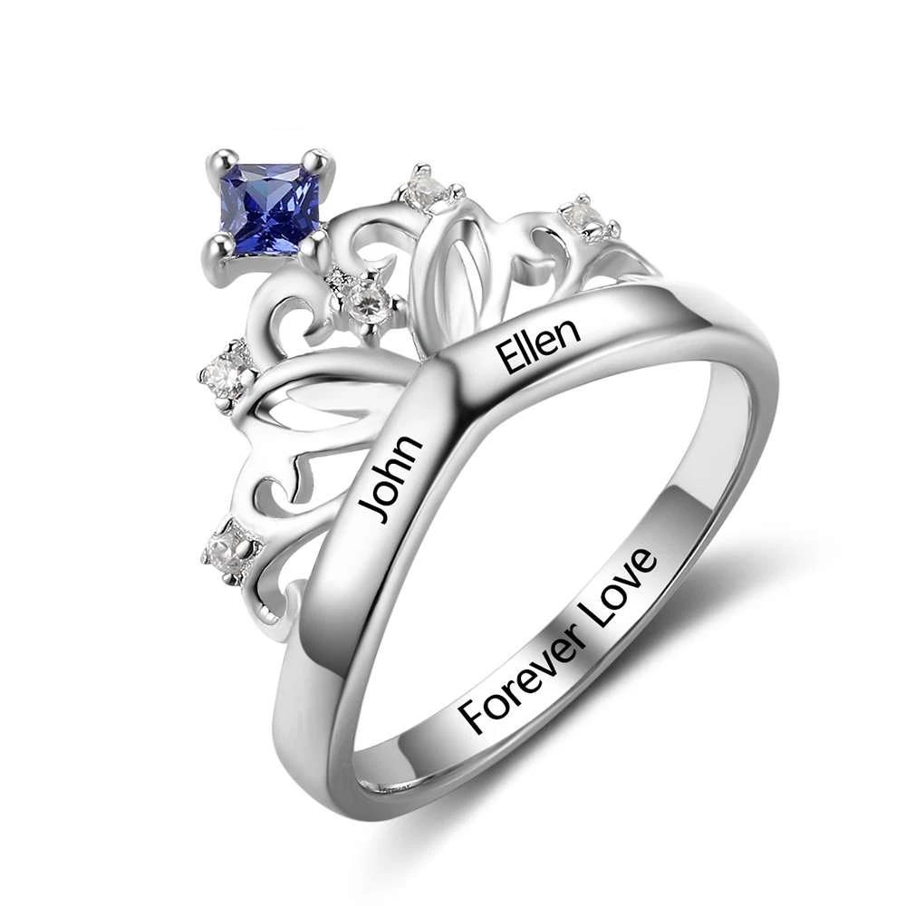Crown Design Birthstone Ring 925 Sterling Silver, Engrave Name Anniversary Personalized Gift-Customized Jewel