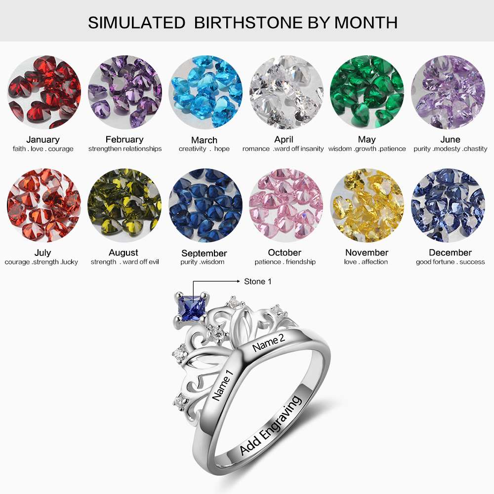 Crown Design Birthstone Ring 925 Sterling Silver, Engrave Name Anniversary Personalized Gift-Customized Jewel