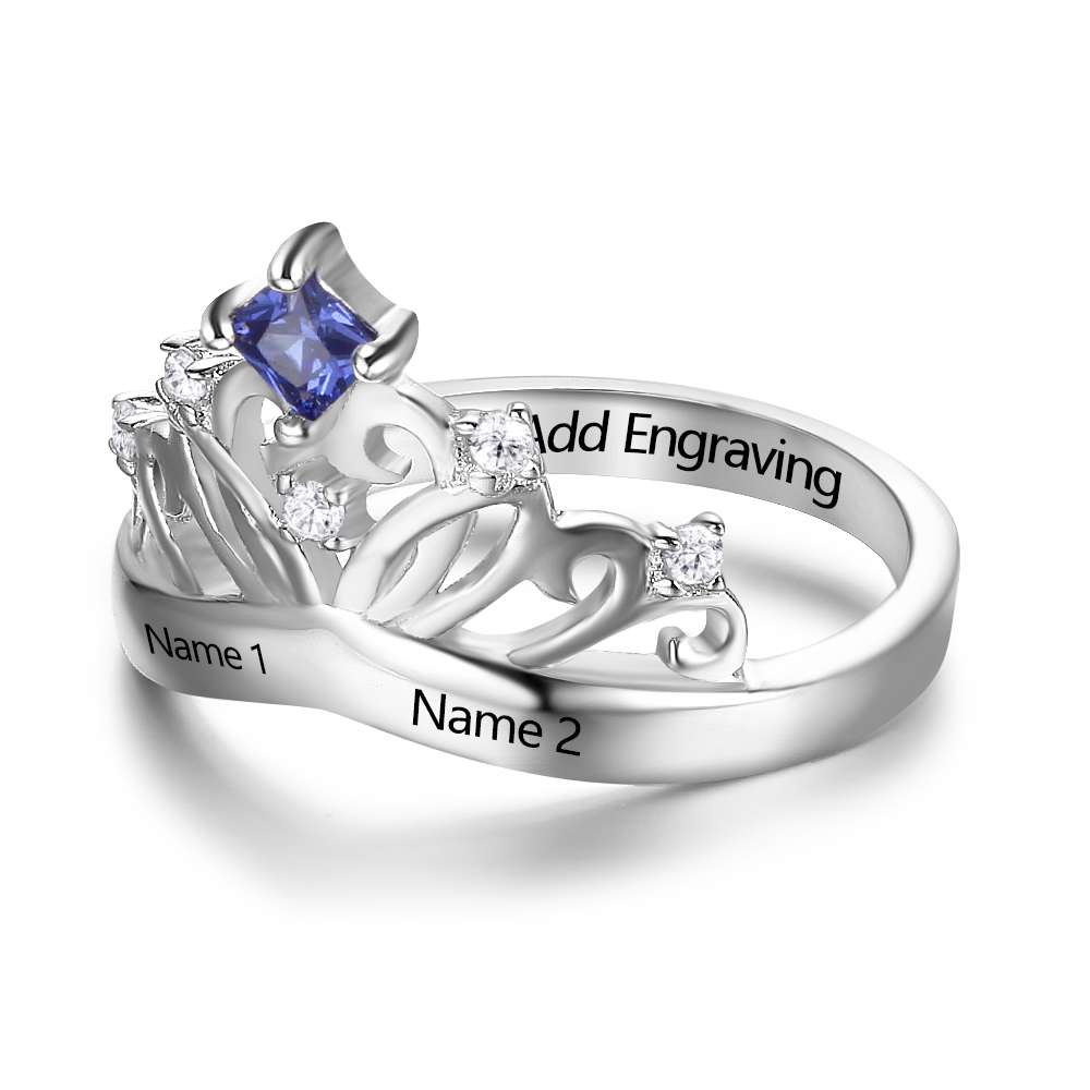 Crown Design Birthstone Ring 925 Sterling Silver, Engrave Name Anniversary Personalized Gift-Customized Jewel