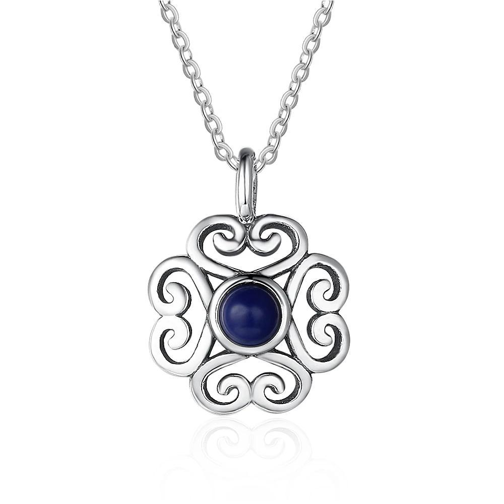 Fashion 925 Sterling Silver Floral Pattern Necklace with Blue Cubic Zirconia Pendant, Vintage jewelry for Women-Customized Jewel