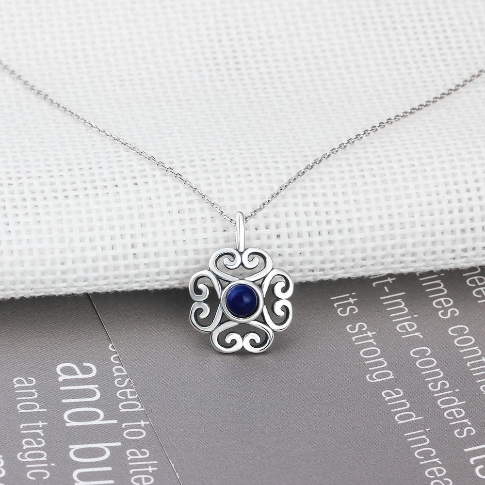 Fashion 925 Sterling Silver Floral Pattern Necklace with Blue Cubic Zirconia Pendant, Vintage jewelry for Women-Customized Jewel