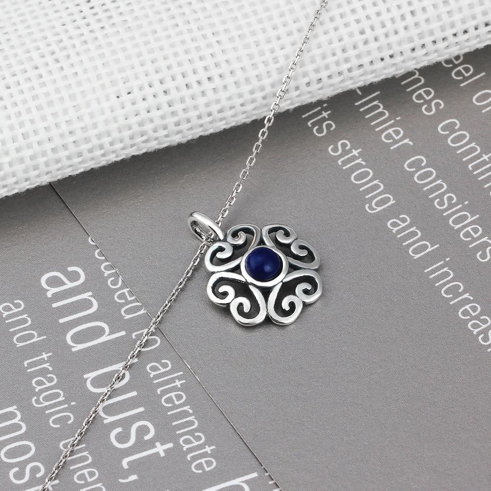 Fashion 925 Sterling Silver Floral Pattern Necklace with Blue Cubic Zirconia Pendant, Vintage jewelry for Women-Customized Jewel