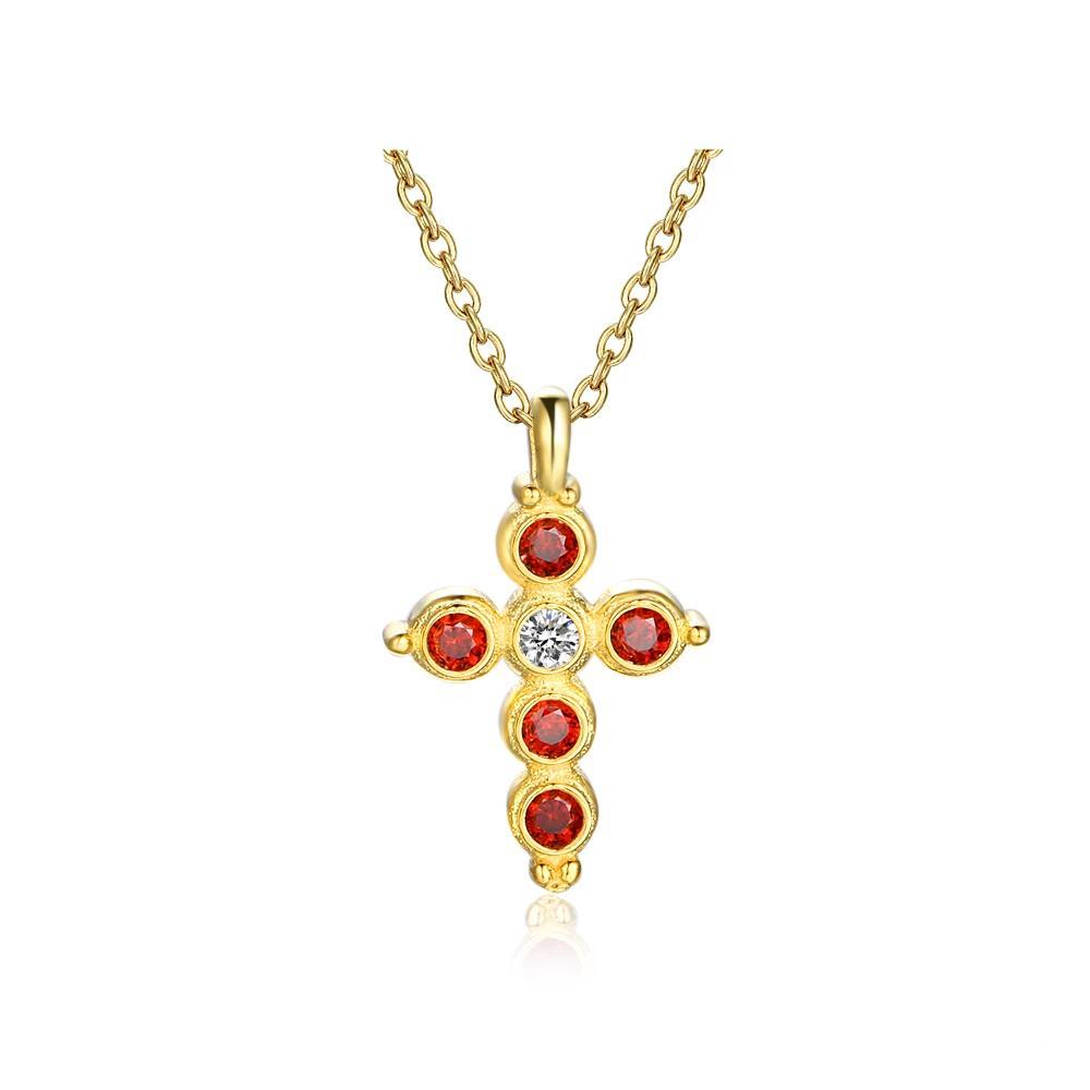 Fashion 925 Sterling Silver Gold Plated Cross Pattern Necklace with Red CZ Pendant, Vintage Jewelry for Women-Customized Jewel