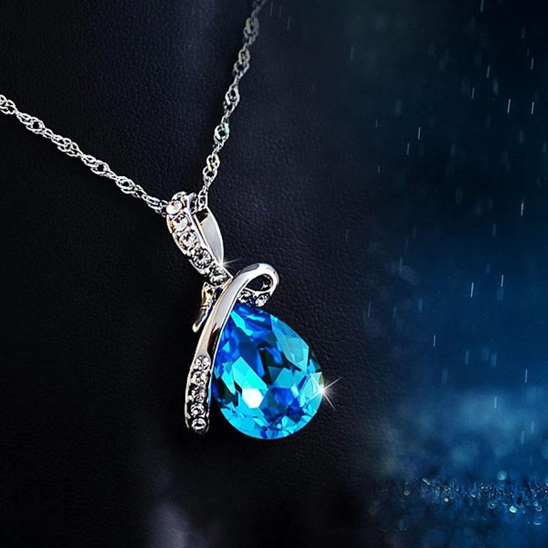 Rhodium Plated Fashion Necklace with Blue Crystal Water Drop Pendant, Gift Ideas for Women-Customized Jewel