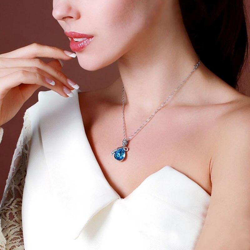 Rhodium Plated Fashion Necklace with Blue Crystal Water Drop Pendant, Gift Ideas for Women-Customized Jewel