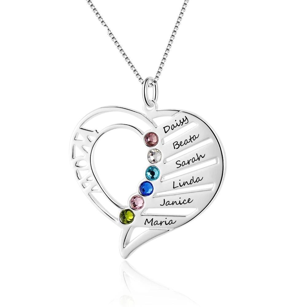 Personalized Sterling Silver Pendant Necklace - Six Custom Names & Birthstones - Heart Shaped Pendant - Customized Gifts-Customized Jewel