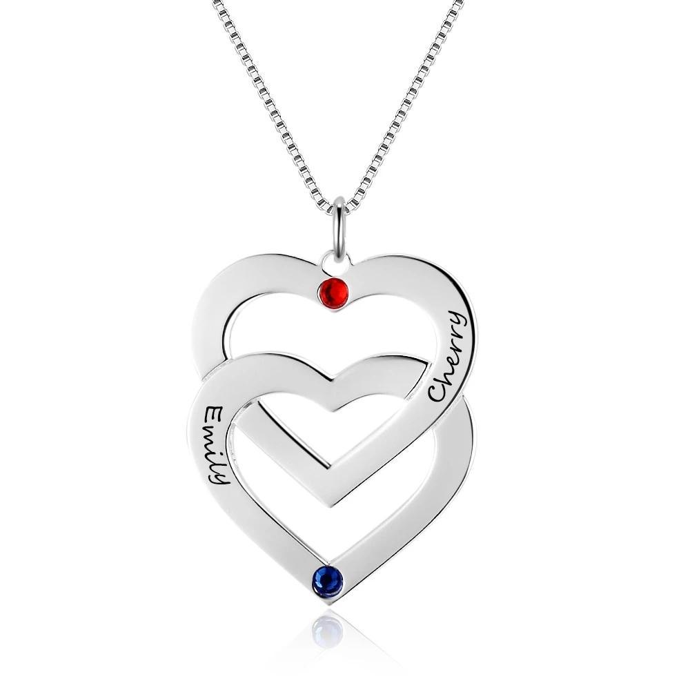 Double Heart Shape Personalized Engrave Name Necklace Birthstone 925 Sterling Silver Necklaces & Pendants-Customized Jewel