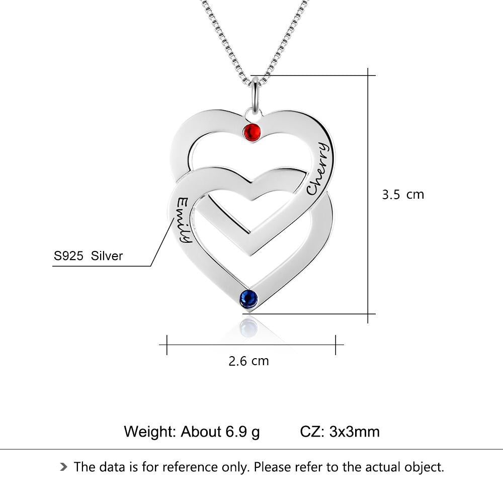 Double Heart Shape Personalized Engrave Name Necklace Birthstone 925 Sterling Silver Necklaces & Pendants-Customized Jewel