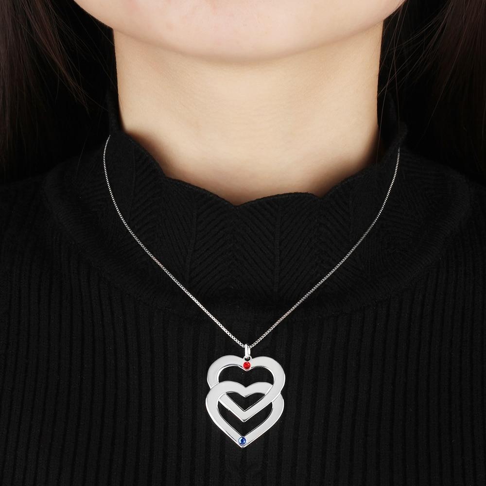 Double Heart Shape Personalized Engrave Name Necklace Birthstone 925 Sterling Silver Necklaces & Pendants-Customized Jewel